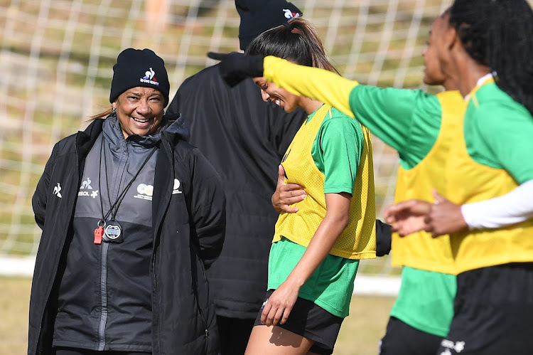 Banyana Banyana coach Desiree Ellis and national team players during the media open day at Highlands Park on June 21 in Johannesburg.