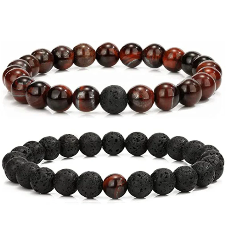 Pulseira de casal masculina com contas de pedra vulcânica. Uma joia elegante para fortalecer o laço e bem-estar.