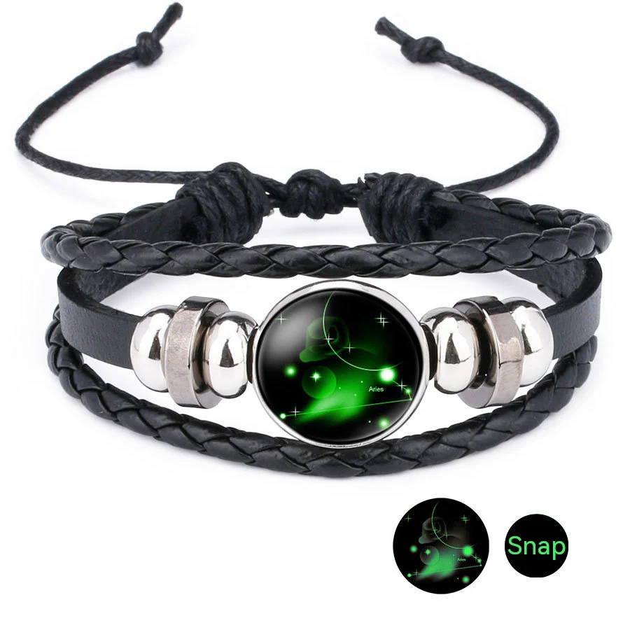 Bracelet perlé en cuir de vache Time Stone avec douze constellations lumineuses, un accessoire unique pour le style et le temps.