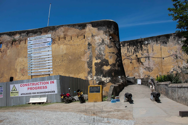 Ongoing construction of a 270-metre long wall to protect the cliff holding Fort Jesus World Heritage Site from sea erosion.