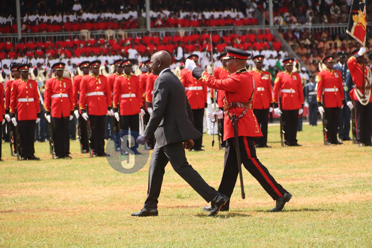 President William Ruto inspecting guard of honour at Moi Stadium during Kenya's 60th Madaraka Day celebrations on June 1, 2023