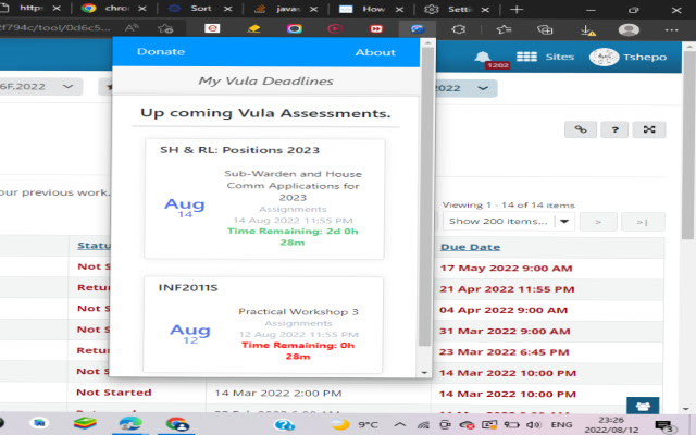 Vula Deadlines chrome extension