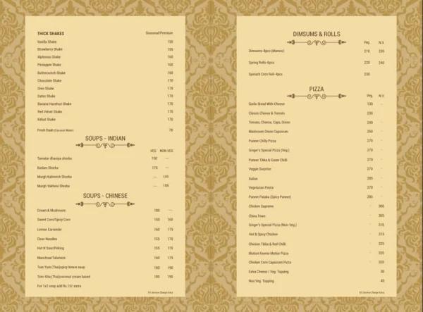 Ginger Restaurant menu 