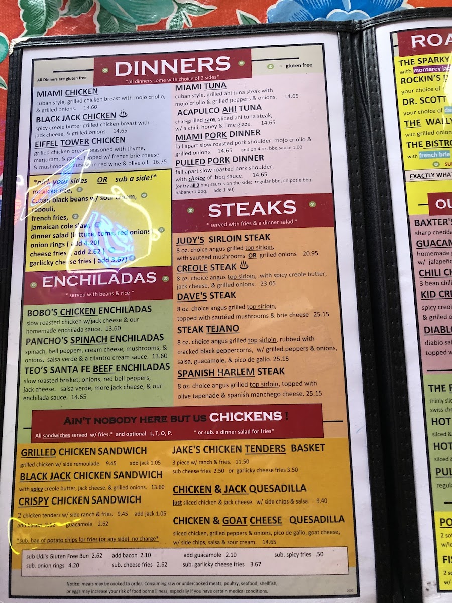 Sparky's Roadhouse Cafe gluten-free menu