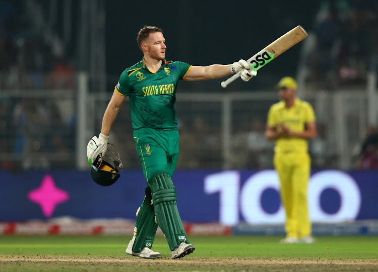 The Proteas' David Miller celebrates after reaching his century in the 2023 Cricket World Cup semifinal against Australia at Eden Gardens in Kolkata, India on Thursday.