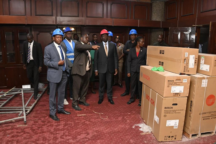 President William Ruto, Foreign Affairs Cabinet Secretary Alfred Mutua, Environment, Climate Change and Forestry Cabinet Secretary Soipan Tuya and other contractors at KICC on August 4, 2023