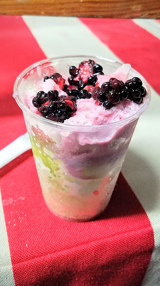 Feast PDX 2016 Night Market from Tyler Malek from Salt & Straw (Portland, OR): Sweet corn copo with lime zest shaved ice, Oregon sweet corn ice cream, cilantro kola syrup, more shaved ice, black raspberry sweetened condensed milk, and fresh candied marionberries