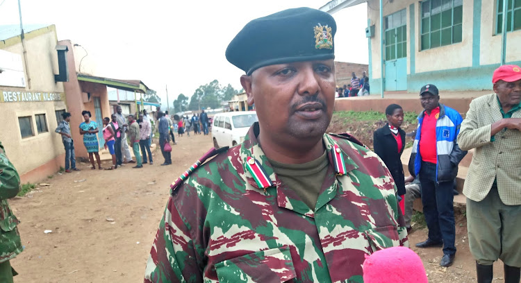 Transmara West sub county Deputy County Commissioner Mohammed Hassan Noor speaks to the journalists in Kilgoris town.