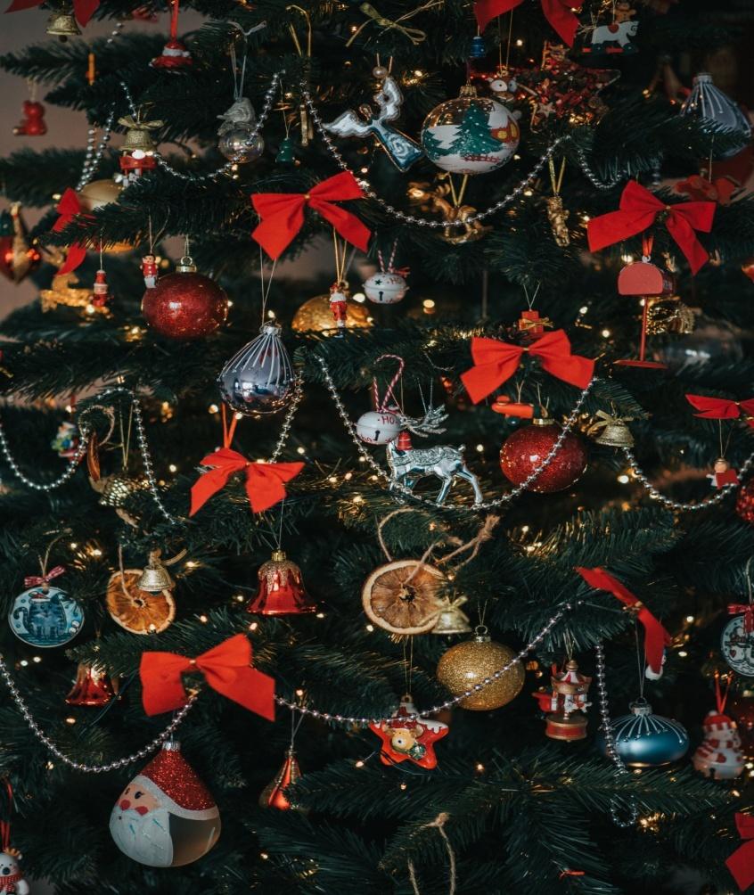 red and gold baubles on the Christmas tree