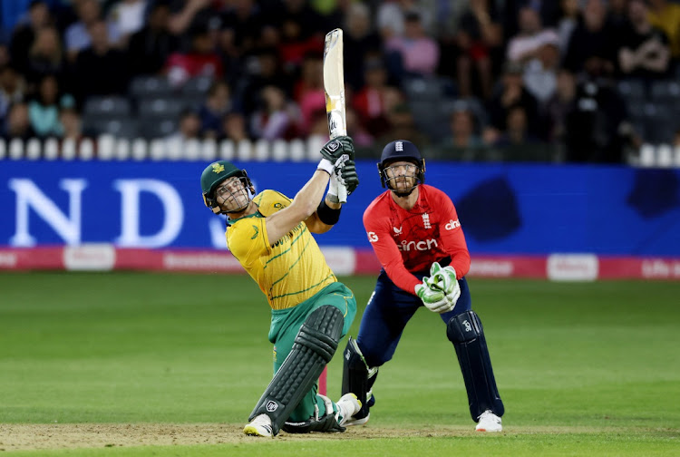 SA's Tristan Stubbs clubs a six in the opening T20 against England at Seat Unique Stadium, Bristol on July 27, 2022