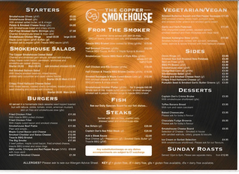 The Copper Smokehouse gluten-free menu