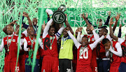 Tshakhuma FC celebrates lifting the trophy during the 2021 Nedbank Cup Final match between Tshakhuma FC and Chippa United at the Free State Stadium in Bloemfontein.