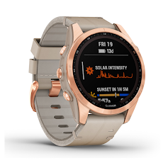 Đồng hồ thông minh GPS Garmin fenix 7S, Sapphire, Solar, Màu hồng vàng viền Titanium với dây da màu đá vôi, SEA (010-02539-56)