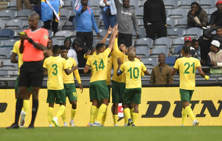 Lyle Foster of South Africa celebrates goal with teammates during the International Friendly match between South Africa and DR Congo on September 12 2023 at Orlando Stadium in Soweto. Picture: SYDNEY MAHLANGU/BACKPAGEPIX