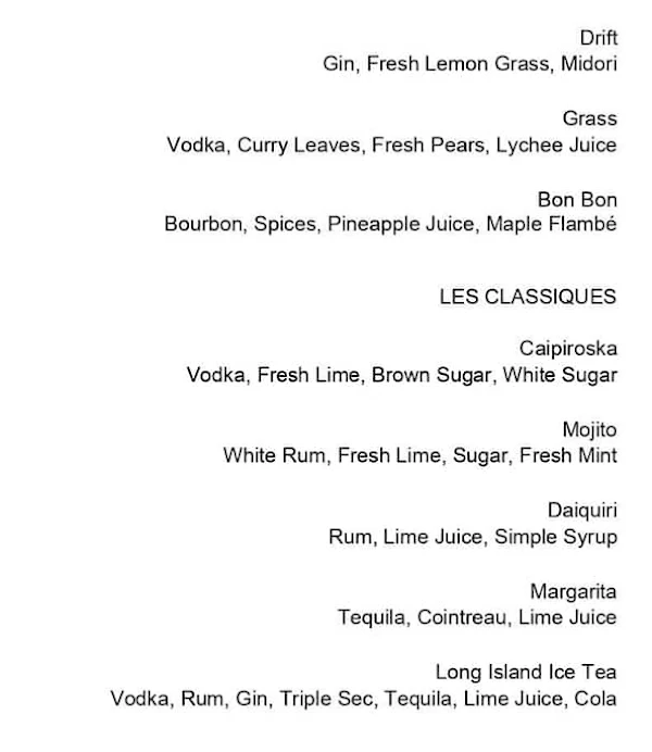 Le Bar - Sofitel menu 