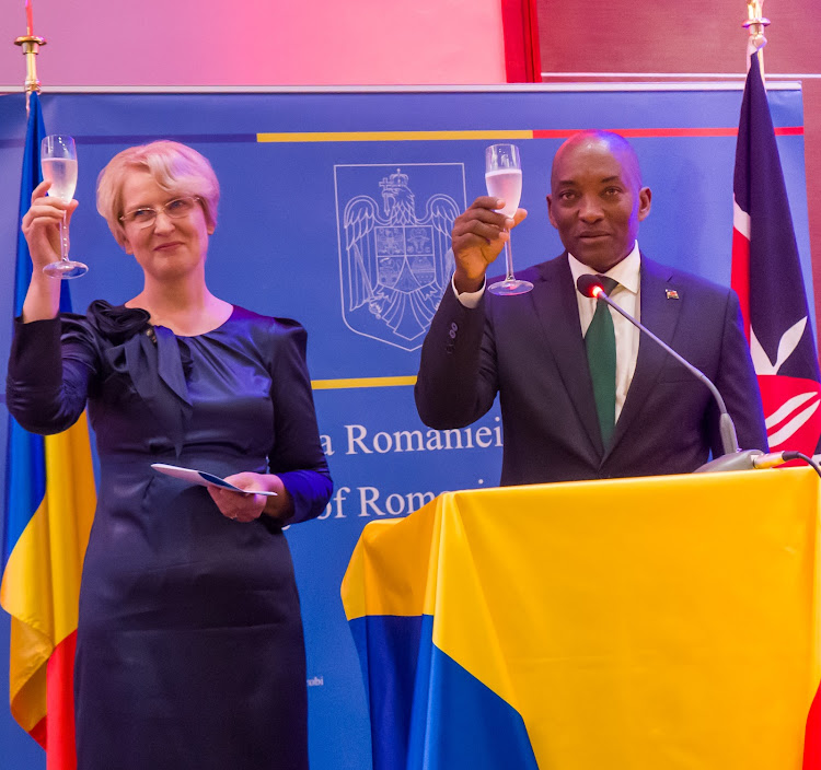 Romania's ambassador to Kenya Gentiana Serbu (left) with Director Political Affairs at the Ministry of Foreign Affairsd Moi Lemoshira in Nairobi on December 2, 2023.