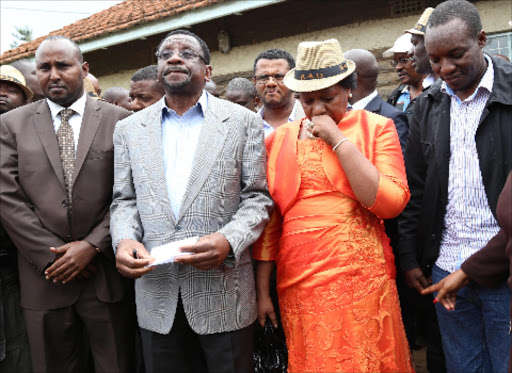 CORD leaders Junet Mohammed,James Orengo,Hassan Omar,Margaret Ongoro and Simba Arati at the Kilimani police station where they went to record statements over alleged hate speech.Photo/HEZRON NJOROGE