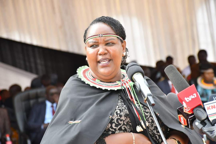 Cabinet Secretary for Labour and Social Protection Florence Bore during the marking of the International day for persons with disabilities in Makutano Stadium West Pokot County on Sunday