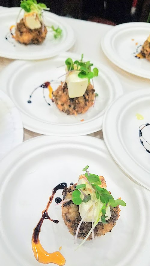 California Artisan Cheese Festival Best Bite Competition for 2018, Chef Stephen Simmons offered a savory housemade tater tot salad with Chevoo Medley, micro amaranth, and balsalmic drizzle