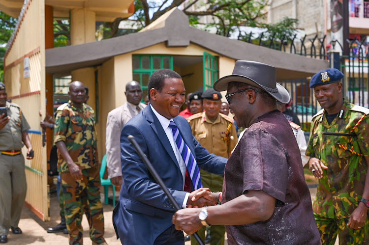 Tourism and Wildlife CS Alfred Mutua greets Bungoma Governor Ken Lusaka as he toured Bungoma on March 27, 2024.