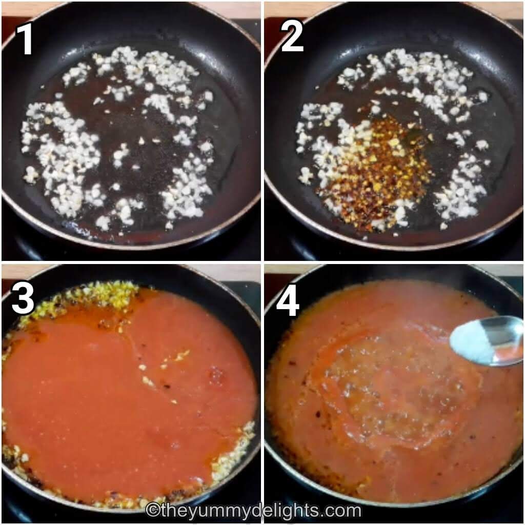 step by step collage of sauteing the garlic & red chilies in olive oil. Addition of salt & simmering the sauce.