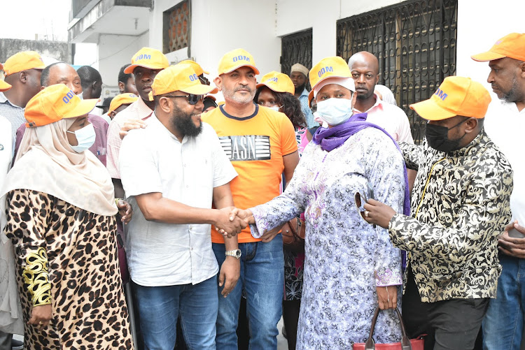 Likoni MP Mishi Mboko, new ODM Mombasa chair Mohammed Hamid Khamis aka Dhee, Mvita MP Abdulswamad Nassir, Mombasa woman rep Asha Hussein and Jomvu MP Badi Twalib at ODM offices in Ganjoni, Mombasa on Thursday.