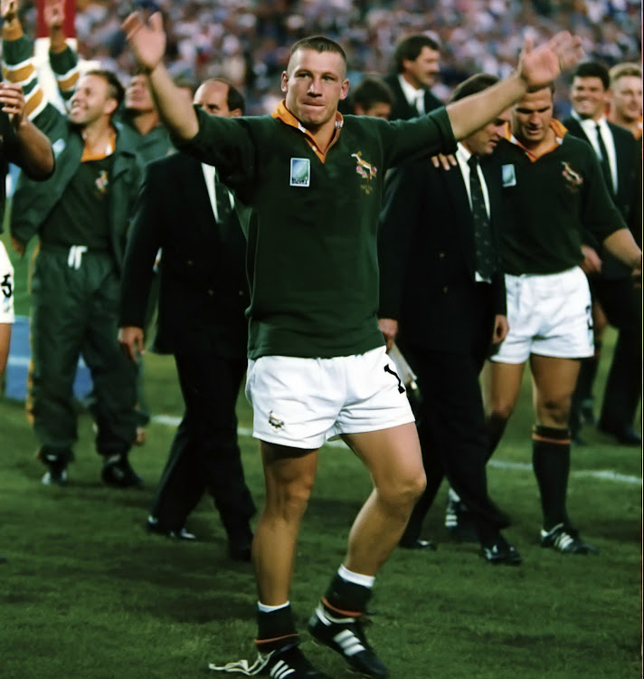 James Small celebrates during the Rugby World Cup final on June 24 1995 at Ellis Park Stadium in Johannesburg.