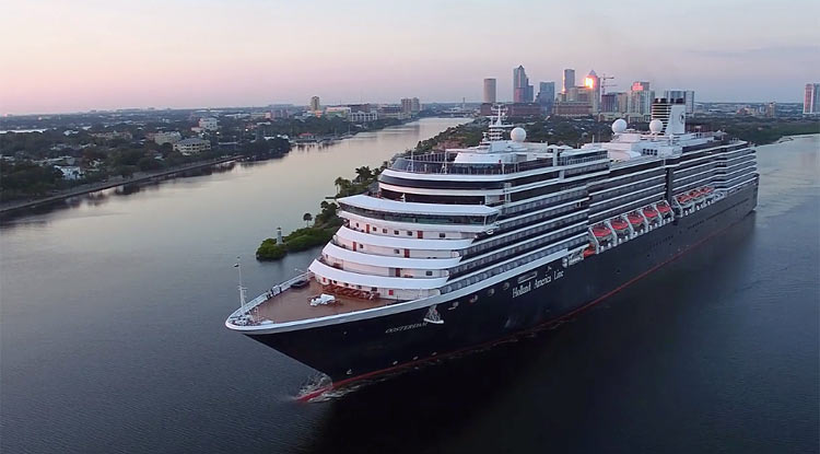 Oosterdam at dusk during a sailaway out of Port Tampa Bay.