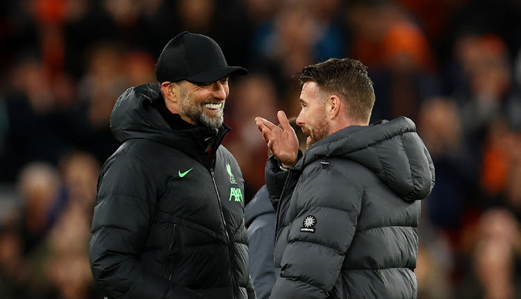 Liverpool manager Juergen Klopp and Luton Town manager Rob Edwards after the match at Anfield in Liverpool, Britain, February 21 2024. Picture: MOLLY DARLINGTON/ REUTERS