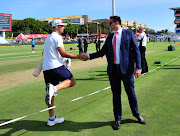 Graeme Smith shakes hands with Aiden Markram before day 1 of the 2018 Sunfoil Test Match between South Africa and India at Newlands Cricket Ground, Cape Town on 5 January 2018.