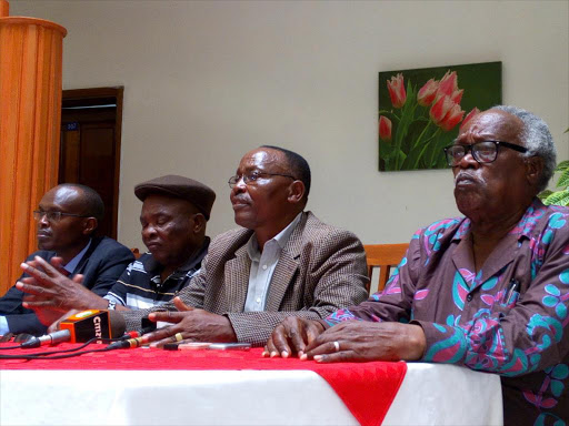 Njuri Nceke elder led by secretary general Linus Kathera (in stripped coat) at a press briefing at Paramount hotel in Meru on Wednesday. /Dennis Dibondo