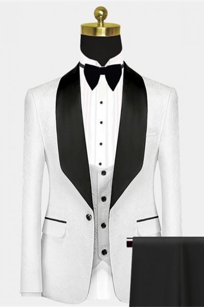 New Arrival Popular Black Satin Lapel Jacquard White Wedding Suit Tuxedos