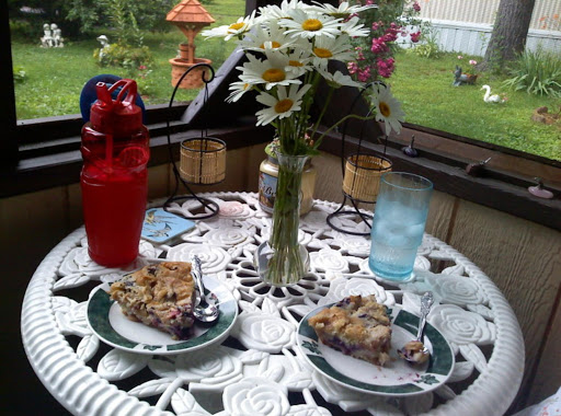 Pieces of Swedish Apple Pie with blueberries also added to it. Sorry I don't have picture of the whole pie, but this should give you a general idea of what it is suppose to look like.