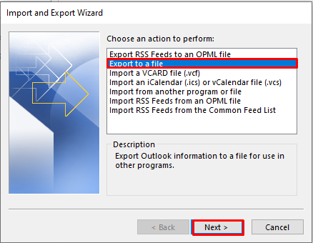 Export to a file then go Next to export G Suite Emails to PST