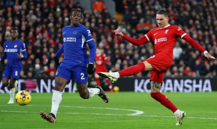 Liverpool's Darwin Nunez fires a shot as Liverpool humble Chelsea at Anfield