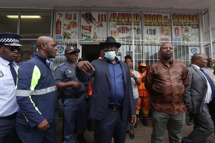 Police minister Bheki Cele during a raid in the Durban CBD on Friday where he made comments about four men allegedly linked to a terror cell.