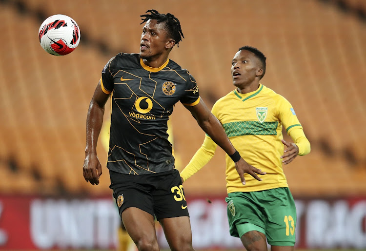 Siyabonga Ngezana of Kaizer Chiefs shields the ball from Pule Mmodi of Golden Arrows in the DStv Premiership match at FNB Stadium on March 19 2022. Chiefs lost, despite being handed a lifeline in the title race the day before by winning the arbitration for two league matches to be played.