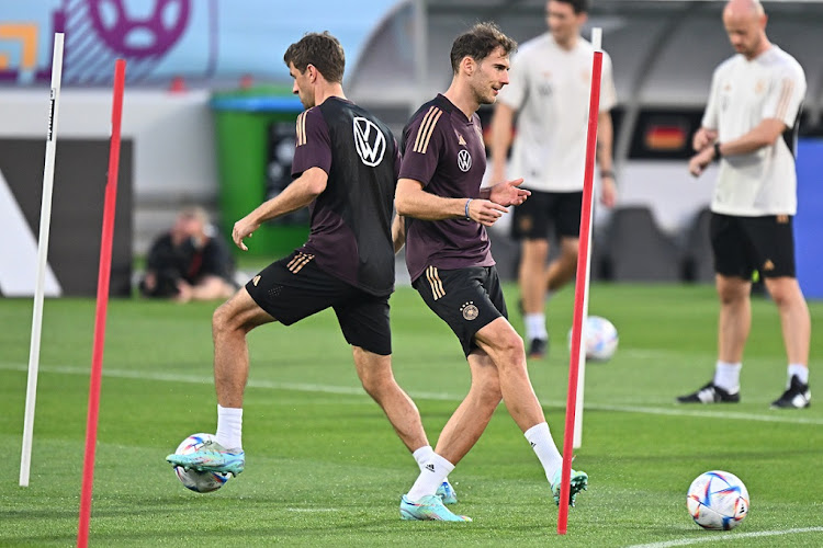 Leon Goretzka (right) and Thomas Mueller during a Germany training session at Al Shamal Stadium in Al Ruwais, Qatar on November 21 2022.