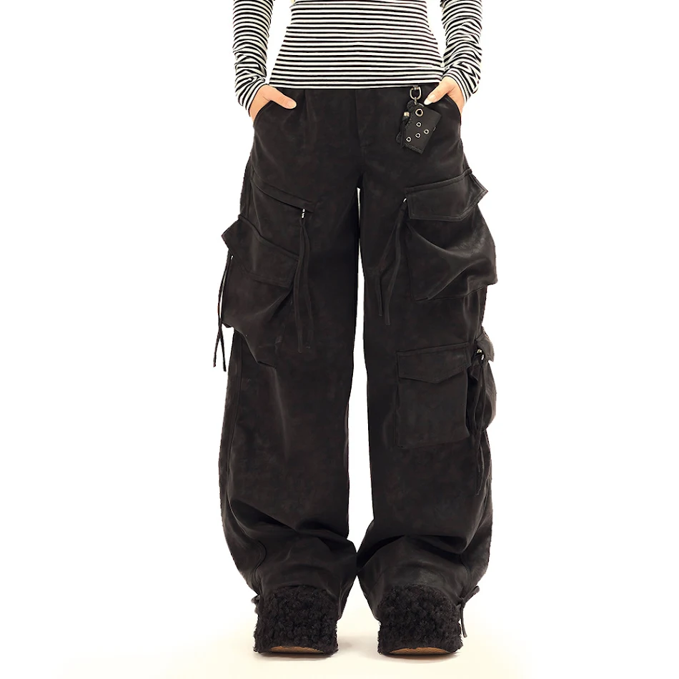 Amerikaanse Hip Hop Workwear leren broek met meerdere zakken, voor heren en dames. Duurzaam en stijlvol.