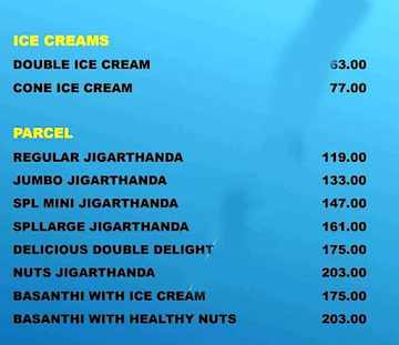 Madurai Famous Jigarthanda menu 