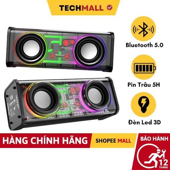 Loa Bluetooth Không Dây V8 Mini Cầm Tay Công Suất Lớn, Âm Thanh Hay, Led Nháy Theo Nhạc - Techmall