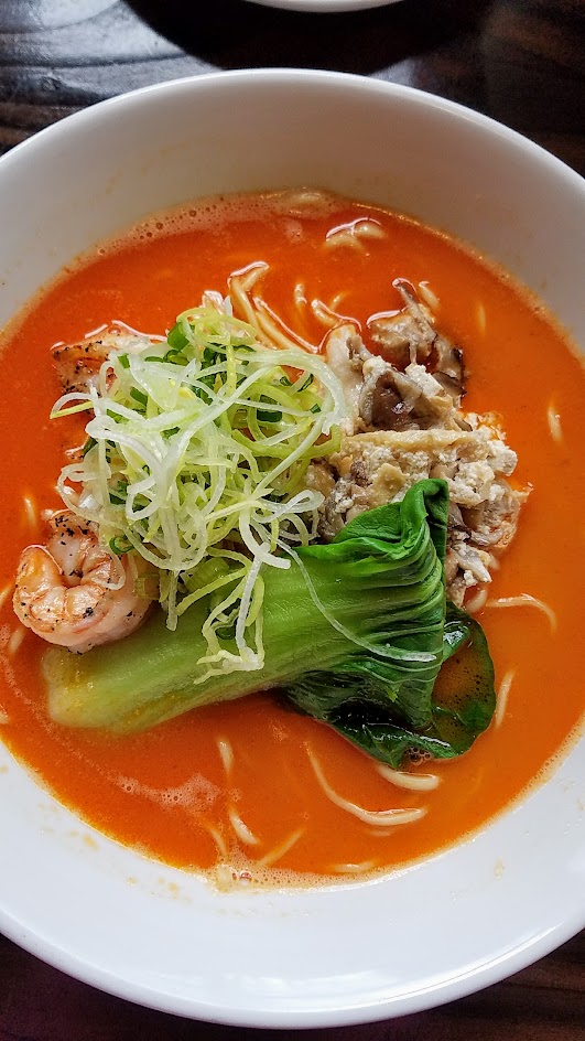 Marukin Ramen Special Ramen, available only once a week at each location and limited to about 30 bowls because of the amount of work required to create it! Ebi Ramen, a Rich Tiger Shrimp and chicken based broth with sea salt topped with tiger shrimp, bok choy, mushroom age-tofu mix, kikurage, and negi