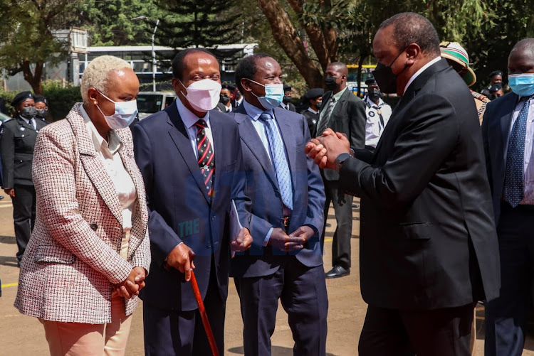 Health PS Mercy Mwangangi, St. John Ambulance Patron Marsden Madoka, Wiper leader Kalonzo Musyoka and President Uhuru Kenyatta at All Saints Cathedral, Nairobi during the Investiture ceremony by St. John on March 24, 2022.