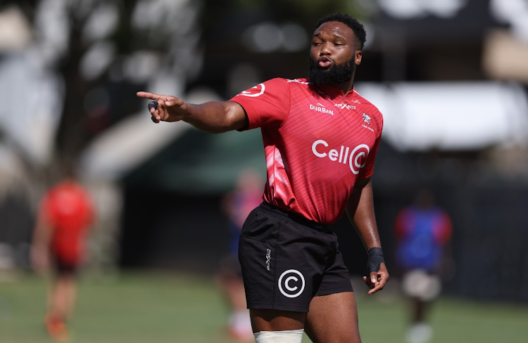 Sharks centre Lukhanyo Am during a Cell C Sharks training session at Kings Park in Durban on April 4 2023.