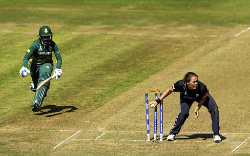 South Africa's Trisha Chetty is run out in the Women's Cricket World Cup match against England in Bristol yesterday. England women won by 63 runs.