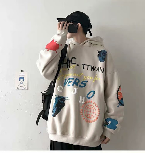 Title 5, Hooded loose fleece student trendy graffiti coa...