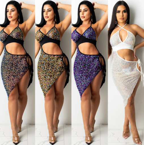 Title 4, HTH 2212089 Sequin Halter Dress with Cut-out Sl...