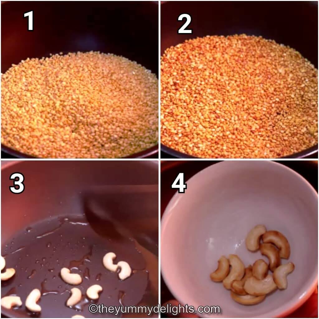 step by step image collage of roasting the moong dal and cashews.