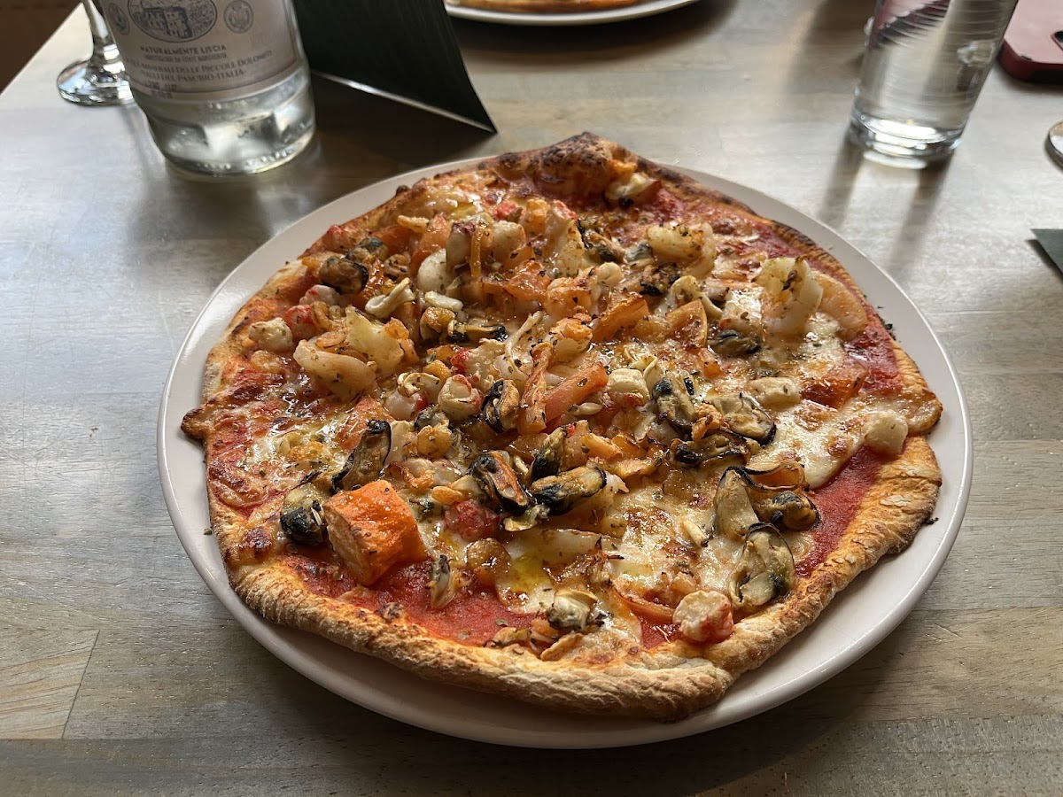 Seafood pizza with shrimp, muscles and squid…delish