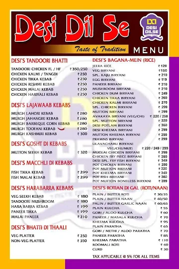 Desi Dilse menu 